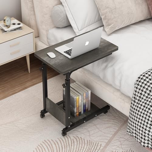 TigerDad Adjustable Height C Table Sofa Side Bedside Table with Wheels, Hospital Bed Table Rolling Tray with Storage, Mobile Computer Desk Laptop Table for Home Use,Gray - color: Grey