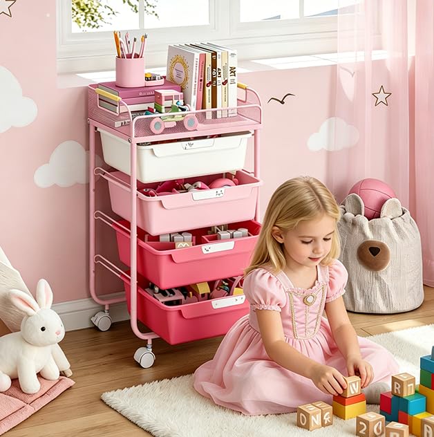 SYKIARIOL 4-Drawer Rolling Storage Cart with Mesh Top, Utility Craft Organizer Cart on Wheels with DIY Labels, Rolling Drawer Cart for Home Office Classroom Bedroom, Rose Pink - color: Pink