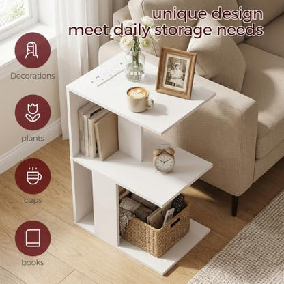 MAHANCRIS End Table with Charging Station, C-Shaped White Side Table, Thin Nightstand with Storage, Bedside Table for Small Spaces, End Tables Living Room, Bedroom, Easy Assembly, ETWT18E01Z - color: White
