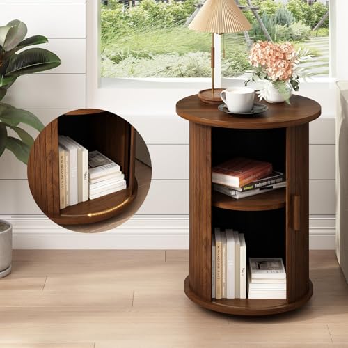 Wnutrees Round Fluted End Table, Small Accent Pedestal Side Table, Brown | Wood Nightstand with Sliding Door & 2 Tier Shelf, Bedside Unit for Living Room, Bedroom - color: Brown