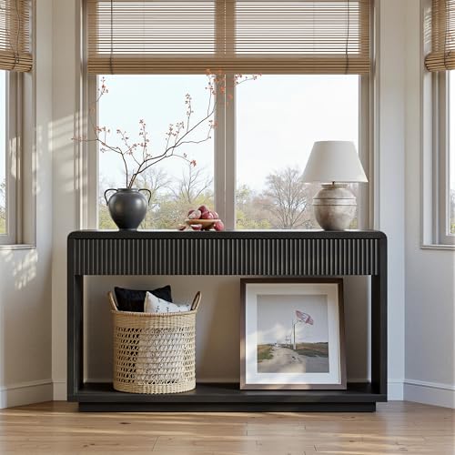 Evermagin 59'' Charcoal Black Entryway Table with Drawers, Fluted Console Table, Mid Century Modern Sofa Table with Storage for Living Room, Entrance, Hallway - color: Charcoal Black