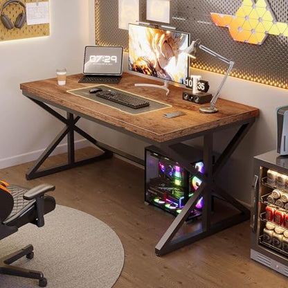 55” Computer Desk, Industrial Brown Home Office Desk Rustic Brown | Wooden Metal Executive Pc Computer Desk Table, Wood Student Gaming Study Computer Table for Bedroom Living Room - color: Rustic Brown Oak, size: 55 Inch