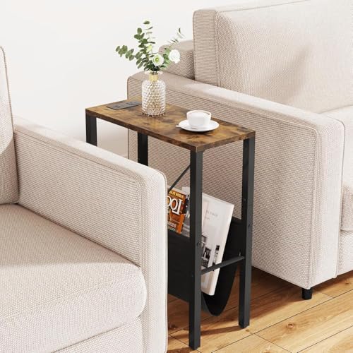 Narrow Side Table with Charging Station, Skinny Nightstand with USB Ports & Outlet, Slim Sofa Side Table with Storage Bag, Small End Table for Small Spaces, Living Room, Bedroom, Rustic Brown - color: Rustic Brown