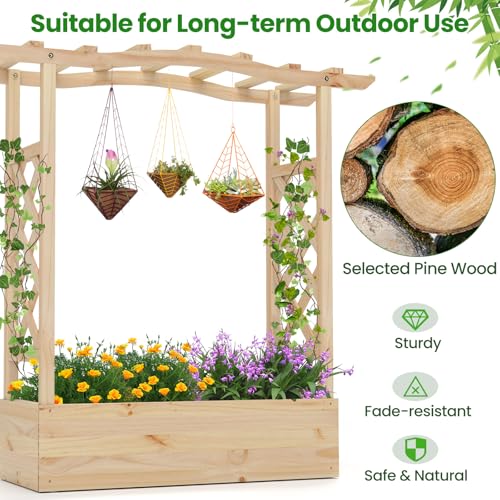 Giantex Raised Garden Bed with Trellis & Hanging Roof, Wooden Elevated Planter Box with Drainage Hole, Freestanding Gardening Planter Raised Bed for Flowers Herbs Climbing Plants Vines, 44”x14”x45” - color: Natural, size: 44”x14”x45”