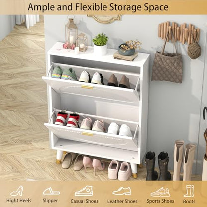 White Shoe Storage Cabinet: 24" Ultra Thin Small Shoe Cabinet for Entryway, Modern Slim and Narrow Hidden Shoes Rack Organizer with Doors and 2 Flip Drawer (1 Piece, 25") - size: 25"