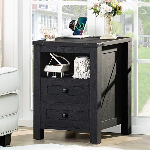 Joaxswe Nightstand with Charging Station, Farmhouse Night Stand with 2 Drawers and Shelf Storage, Wooden Side End Table, Bedside Cabinet for Bedroom, Living Room, Closet, Office (Black) - color: Black, size: 1 pack