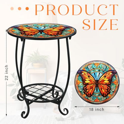 Cinnvoice Outdoor Side Table Round Small Mosaic Patio Accent Indoor End Plant Coffee Tea Table for Yard Patio Porch Garden Living Room, Bedroom(Butterfly B Style,18 Inch) - size: 18 Inch, style: Butterfly B Style