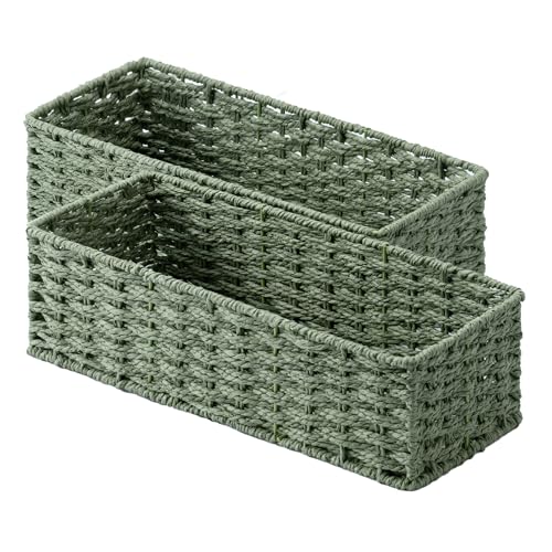 StorageWorks Sage Green Paper Rope Bathroom Basket Organizer and Storage for Tank Topper, Wicker Toilet Paper Basket for Back of Toilet Baskets, Small Narrow Tank Trays for Bathroom Decor, 2 Pack - color: Sage Green, size: 15 ¾"L x 6 ½"W x 4 ¼"H