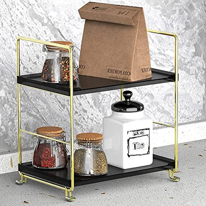 2-Tier Kitchen Spice Rack - Freestanding Stackable Organizer Shelf - Bathroom & Cosmetic Organizer - Square Standing Rack (Golden&Black) - color: Golden