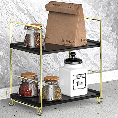 2-Tier Kitchen Spice Rack - Freestanding Stackable Organizer Shelf - Bathroom & Cosmetic Organizer - Square Standing Rack (Golden&Black) - color: Golden