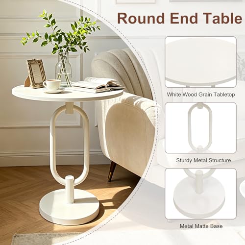 Lightdot White Round Side Table Modern End Table Stable Sofa Side Table with Heavy Duty Metal Base Integrated Accent Coffee Table Easy Assemble Nightstand for Living Room Bedroom Small Space - color: White-u