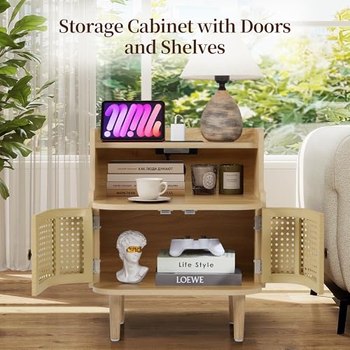 Storage End Table with 2 Door Set of 2, Bed Side Table with Charging Station, Metal Rattan Nightstand for Bedroom, Desk Side Table for Living Room Couch Sofa, Office, Small Spaces - Natural - size: Door Natural-set