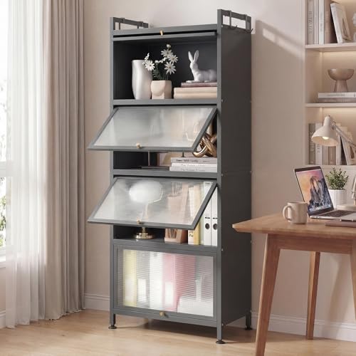 LDAILY 5-Tier Kitchen Storage Cabinet, Mobile Microwave Stand with Metal Frame, Double Anti-toppling Device, 4 Rolling Casters, Freestanding Bakers Rack for Kitchen, Dining Room, Living Room (Grey) - color: Grey