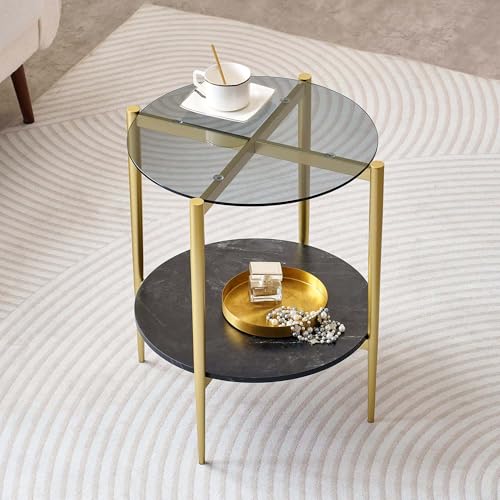 LumFurn Round Glass End Table, Mid-Century Modern Design Sofa Table for Living Room, D18 x H23 in, 2-Tier Structure, Grey Glass Top and Black Marble Shelf, Sleek Conical Legs with Gold Finish Frame - color: Grey & Black Marble, size: D18" Round End Table