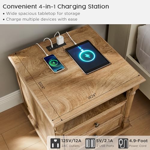 T4TREAM 24" Farmhouse Nightstands with 2 Drawers, Light Tree Knot | 4 Solid Wood Feet, Charging Station, Tall Rustic Wood Square, Sofa Side Table, Living Room, Bedroom - color: Light Tree Knot