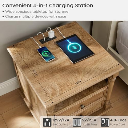 T4TREAM 24" Farmhouse Nightstands with 2 Drawers, Light Tree Knot | 4 Solid Wood Feet, Charging Station, Tall Rustic Wood Square, Sofa Side Table, Living Room, Bedroom - color: Light Tree Knot