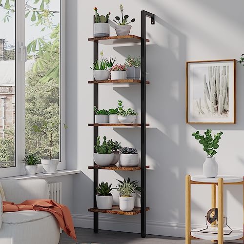 YMYNY 5 Tiers Ladder Bookcase, Industrial Wall Mounted Bookshelf, Open Display Rack with Metal Frame, Wooden Storage Shelves for Bedroom, Home Office, Plant Stand, Rustic Brown, 70*17.3*11.8"UHBC015H - color: Rustic Brown