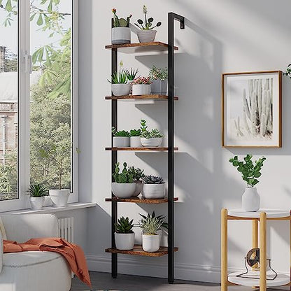 YMYNY 5 Tiers Ladder Bookcase, Industrial Wall Mounted Bookshelf, Open Display Rack with Metal Frame, Wooden Storage Shelves for Bedroom, Home Office, Plant Stand, Rustic Brown, 70*17.3*11.8"UHBC015H - color: Rustic Brown