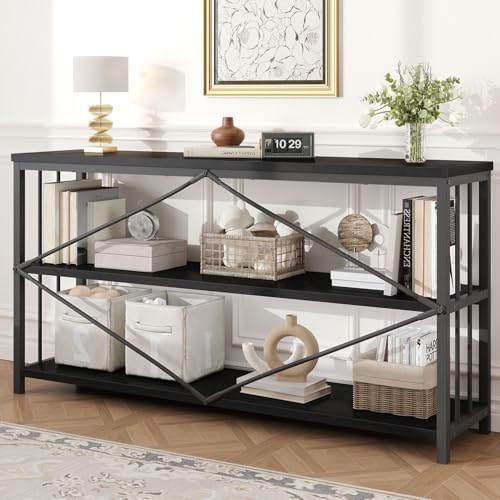 HSH Black Low Bookshelf, Wood Metal 3 Tier Long Horizontal Bookcase for Bedroom, Large Open Etagere Bookshelves with Storage for Home, Wide Under Window Book Shelf for Office Living Room, 70 Inch - color: Black Oak, size: 70 Inch