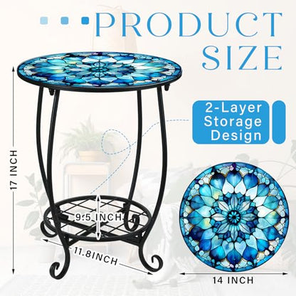 Cinnvoice Outdoor Side Table Round Small Mosaic Patio Accent Indoor End Plant Coffee Tea Table for Yard Patio Porch Garden Living Room, Bedroom(Mandala Flower Style,14 Inch)