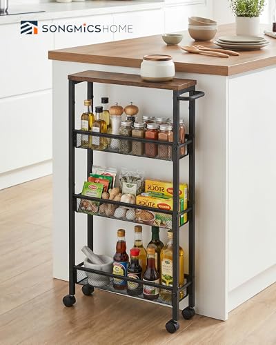 SONGMICS HOME Slim Rolling Cart, 4-Tier Storage Cart with Wheels and Handle, Narrow Utility Cart for Kitchen, Living Room, Brown and Black - style: 4 Tiers