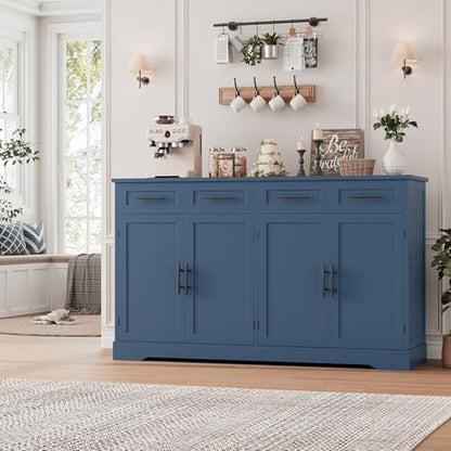 HOSTACK 60" W Sideboard Buffet Cabinet with Storage, Kitchen Cabinet, Blue | 36" Tall Kitchen Buffet Storage Cabinet with 4 Drawers, Large Coffee Bar Cabinet, Modern Buffet Table for Dining Living Room - color: Blue