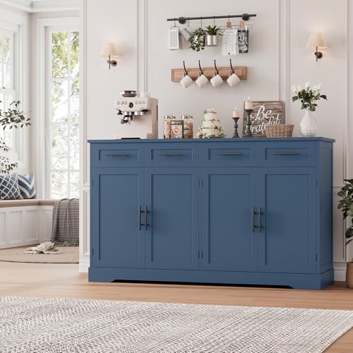 HOSTACK 60" W Sideboard Buffet Cabinet with Storage, Kitchen Cabinet, Blue | 36" Tall Kitchen Buffet Storage Cabinet with 4 Drawers, Large Coffee Bar Cabinet, Modern Buffet Table for Dining Living Room - color: Blue