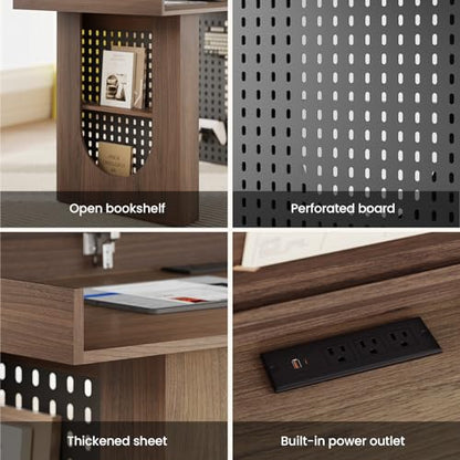 55" Convertible Computer Desk, 2-in-1 Flip-Top Desk & Dining Table with Hidden Storage, Built-in Power Strip, Pegboard, Soft-Close Gas Spring, Space-Saving for Small Apartment, Black Walnut - color: Black Walnut