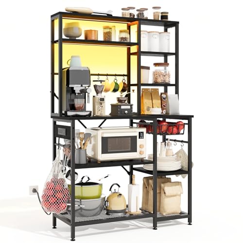 SUPERLELE 6-Tier Bakers Rack with Power Outlets, Large Kitchen Storage Shelf with Adjustable Shelves & 12 Hooks, Coffee Bar Station Stand for Kitchen, Dining Room, Black, 39.4" L x 14.6" W x 66.9" H - color: Black, size: 39.4x14.6x66.9"(with Power Outlet)