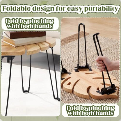 Gerrii Monstera Leaf Side Tables 15.8" h Wood & Metal Patio Table for Indoor Outdoor Use Plant Stand Small End Table Folding Stool for Living Room Bedroom Apartment Balcony Yard Picnic, Camping