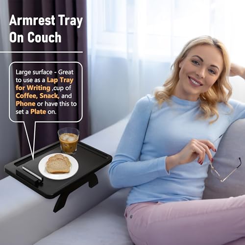 SINWANT Large Couch Armrest Table, 15.75"x 11.8" Bamboo Couch Arm Table with 360° Rotating Phone Holder,Foldable Anti-Slip Sofa Arm Tray for Snacks,Drinks,Remotes on Wide Armrest - color: Large Black