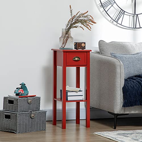 HOMCOM Narrow End Table with Drawer and Bottom Shelf Set of 1 Red | Tall Telephone Table, Skinny Modern Design, for Small Spaces, Living Room - color: Red