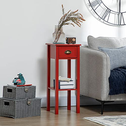 HOMCOM Narrow End Table with Drawer and Bottom Shelf Set of 1 Red | Tall Telephone Table, Skinny Modern Design, for Small Spaces, Living Room - color: Red