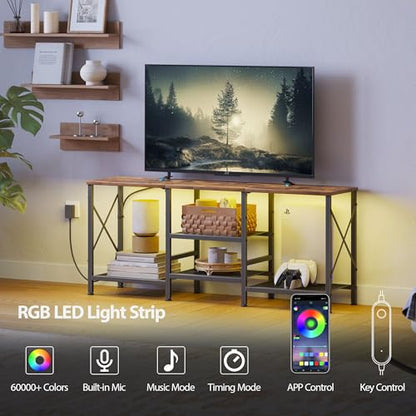 JARHETUN TV Stand with LED Lights for 55 Inch TV, Entertainment Center with 3-Tier Open Shelves, TV Console Table for Living Room, Bedroom, Rustic Brown - color: Rustic Brown With Led Light