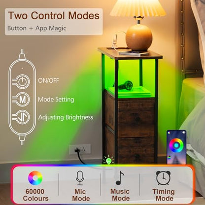 LOAKEKEL Narrow Nightstand with Charging Station, End Tables Living Room Set of 2, Skinny Side Table with Fabric Drawers, Small Sofa Table with LED Light for Bedroom, Rustic Brown, HETNDP02LPBR - color: Rustic Brown, style: Power + Light