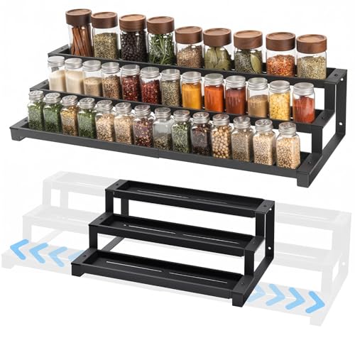 3-Tier Spice Rack Organizer for Kitchen Cabinet or Pantry, 16"-29" Expandable Spice Organization Shelf, Seasoning Organizer, Metal Display Shelf, Slip-Resistant Design for Jars and Bottles, Black - size: Small-Black- Fits 9.25" Deep Cabinet