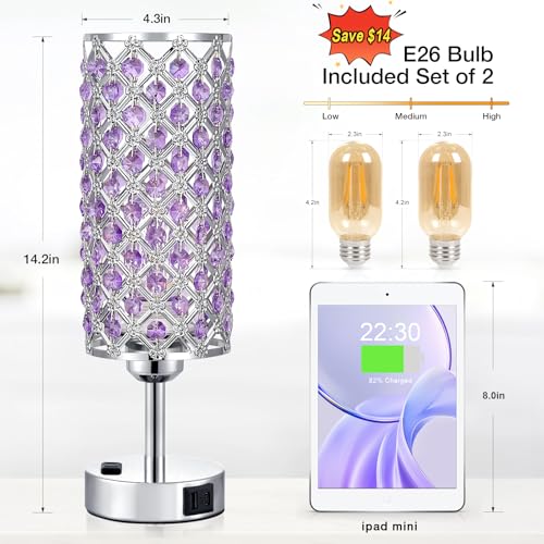 Hong-in Crystal Lamps Set of 2, 3 Way Dimmable Touch Lamp with Crystal Shade, Bedside Nightstand Lamps for Living Room Bedroom Home Office(Purple) - color: Purple