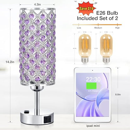 Hong-in Crystal Lamps Set of 2, 3 Way Dimmable Touch Lamp with Crystal Shade, Bedside Nightstand Lamps for Living Room Bedroom Home Office(Purple) - color: Purple