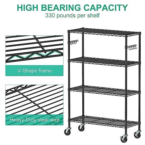Folews 4-Tier Storage Shelving Unit with Wheels, Metal Rolling Storage Shelves NSF Adjustable Layer Steel Rack Shelf, Wire Shelving Storage for Kitchen Garage Pantry Office, Black (14D x 36W x 57H) - size: 4-Tier