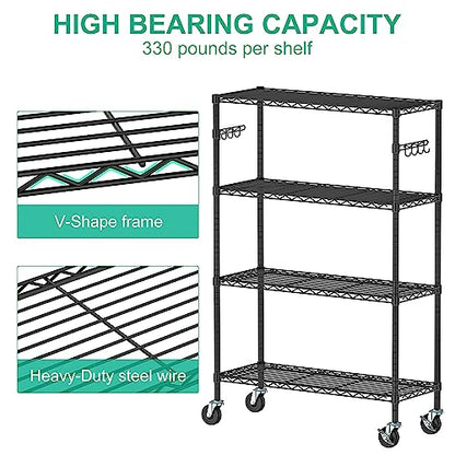 Folews 4-Tier Storage Shelving Unit with Wheels, Metal Rolling Storage Shelves NSF Adjustable Layer Steel Rack Shelf, Wire Shelving Storage for Kitchen Garage Pantry Office, Black (14D x 36W x 57H) - size: 4-Tier