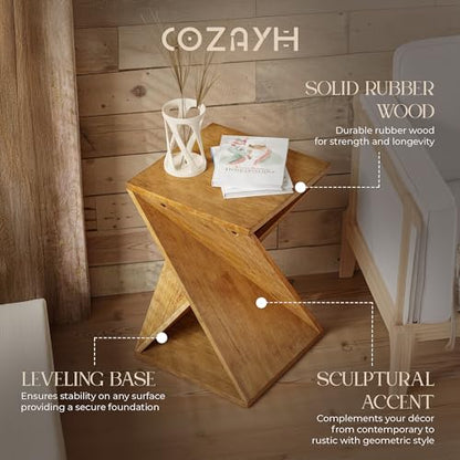 COZAYH Rustic Farmhouse Geometric Style End Table with Twisted X Base, Modern Square Accent Side Table for Living Room, Bedroom, or Office, Brown - color: Natural Wood