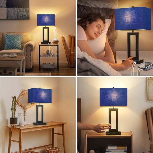 Set of 2 Touch Control Table Lamps with 2 USB Ports&AC Outlet, 3-Way Dimmable Modern Nightstand Lamp Sets, Bedside Desk Lamps for Bedroom Living Room End Tables Reading, Bulbs Included, Blue Shade | 3 Way Dimmable, Blue Fabric Shade, E26 Base, Desk Lamp f