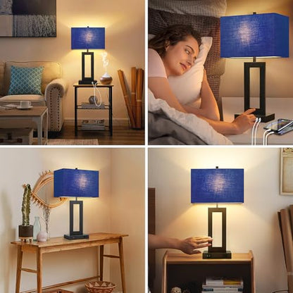 Set of 2 Touch Control Table Lamps with 2 USB Ports&AC Outlet, 3-Way Dimmable Modern Nightstand Lamp Sets, Bedside Desk Lamps for Bedroom Living Room End Tables Reading, Bulbs Included, Blue Shade | 3 Way Dimmable, Blue Fabric Shade, E26 Base, Desk Lamp f