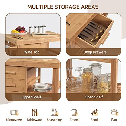 Bamboo Kitchen Island on Wheels, Lockable Rolling Kitchen Cart with 2 Storage Drawers & Open Shelf, Wood Utility Butcher Block Island with Towel Rack