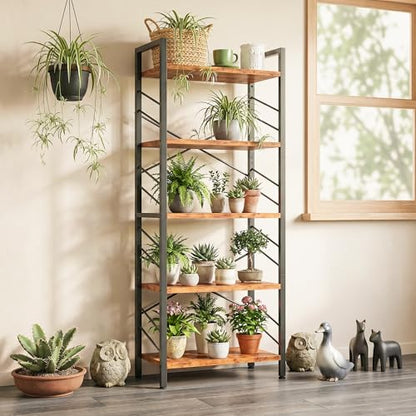 DurayLoly 2 Pieces 5 Tier Bookshelf for Narrow Space, Rustic Brown | Small Space Dwellers , Sidebars and Metal Frame - color: Rustic Brown, size: 5 Tier - 2 pcs