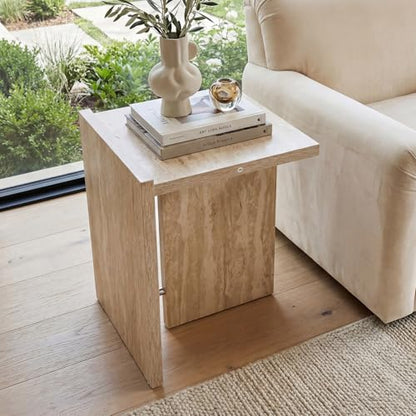 Modern End Table with Faux Travertine Finish Top, Natural Beige Wood Side Table, Space-Saving Sofa Table, Small Accent Nightstand Table for Living Room, Bedroom, Small Apartment Space - color: Beige