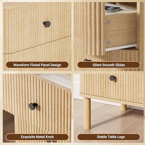 Fluted Nightstand Set of 2 with Charging & Rounded Drawer Fronts | 18in Wide, Bedroom, Natural Oak, FSC-Certified MDF, Solid Wood Legs, 2 Drawer, Metal Knobs, Bedside Table, End Table, Modern - color: Natural Oak - Rounded Drawer, size: 18"W