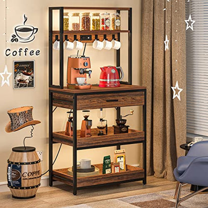 LITTLE TREE Kitchen Baker’s Rack with Power Outlets, Freestanding 5-Tier Microwave Stand with Drawers & Sliding Shelves, Coffee Bar with 6 Hooks for Dining Room Living Room, Rustic Brown - color: Rustic Brown