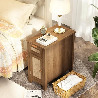 Narrow End Table with Charging Station - Midcentury Rattan Slim Side Table with USB Ports and Power Outlets, Nightstand with Flip Top and Storage Drawer, for Small Spaces Living Room Bedroom