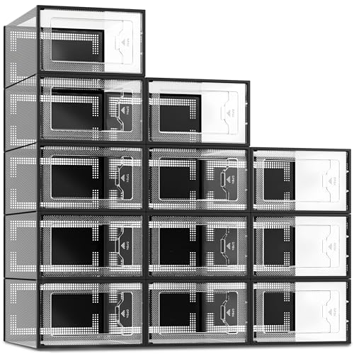 SEE SPRING X-Large Black Modern Plastic Shoe Box, 12 Pack, Clear Front Door, Stackable, Foldable, Ventilated, Fits US Size 11, 13.2''L9.1''W7.3''H Inch, 655.65 Cubic Inches, Already Assembled - color: Black, size: X-Large Fit Size 11
